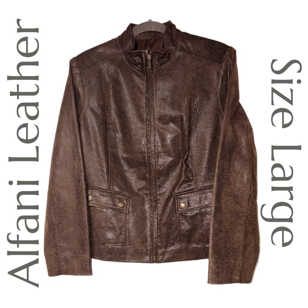 Alfani - Brown Reptile Textured‎ Leather Jacket - Genuine Leather - Size Large